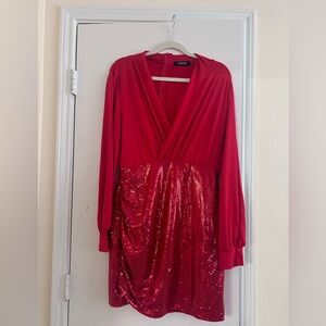 Chic Vibrant Red Sequin Long Sleeve Dress